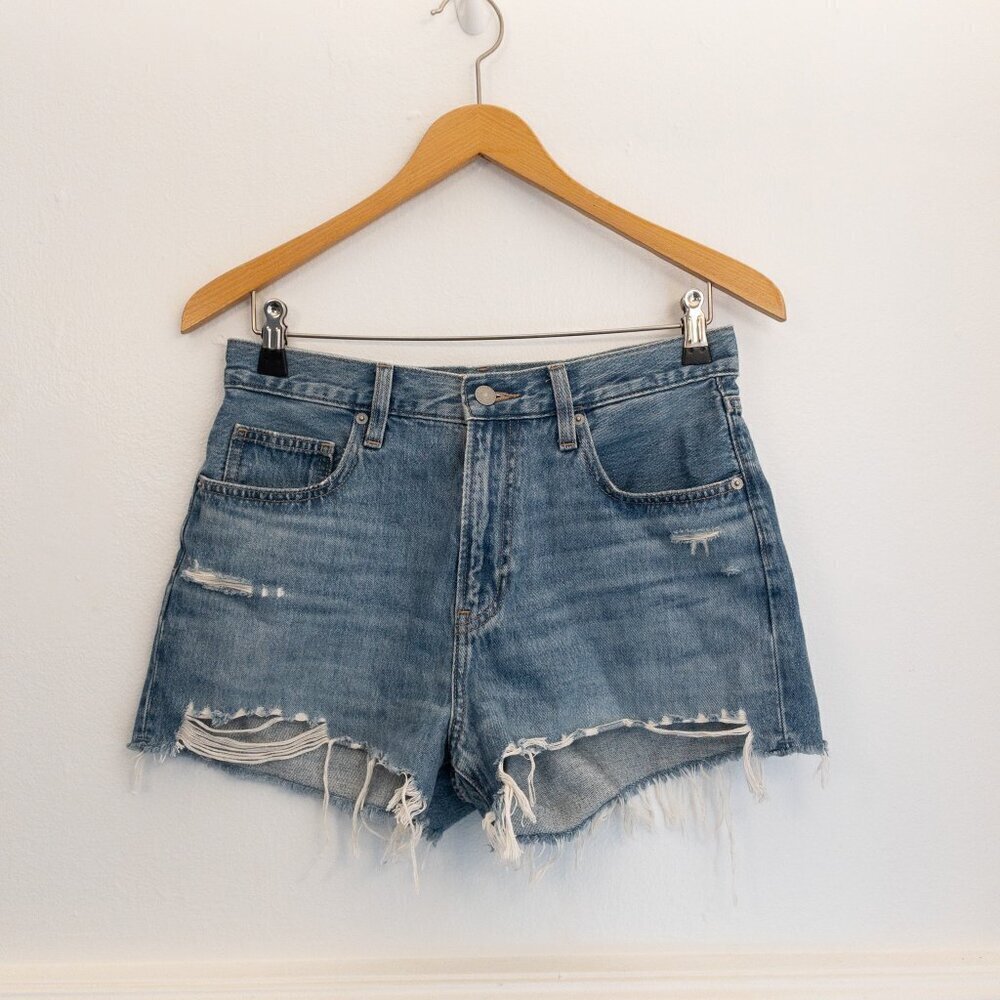UNIQLO High Rise Distressed Denim Shorts 25 Blue Frayed Hem 100% Cotton